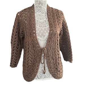 Stamp10 XL Chocolate Brown Crocheted Long Sleeve Tie Front Ramie Cotton Sweater